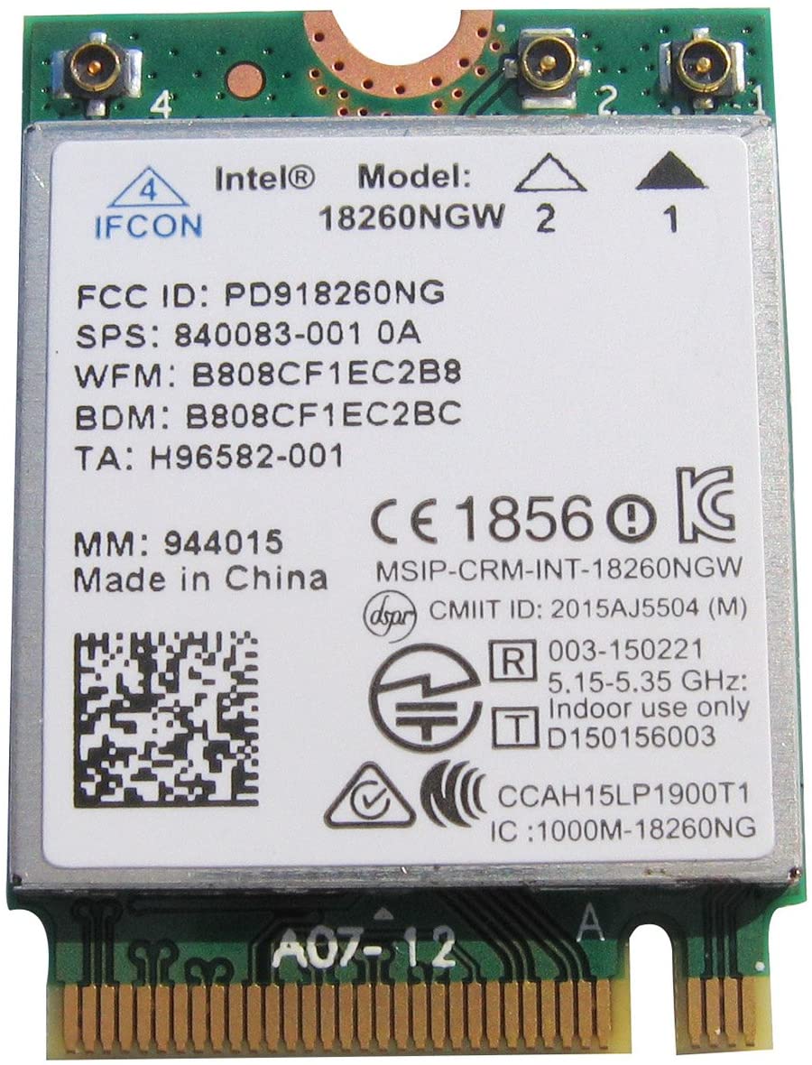 Intel® Tri-Band wireless-AC 18260 18260NGW WiGig (802.11ad), Wi-Fi (802.11ac/agn) + Bluetooth combo module Intel® Tri-Band wireless-AC 18260 18260NGW WiGig (802.11ad), Wi-Fi (802.11ac/agn) + Bluetooth combo module
